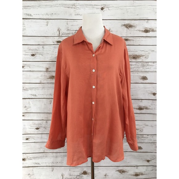 J JILL Coral Linen Button Down Casual Shirt Long Sleeve Top Women's L - Picture 1 of 8